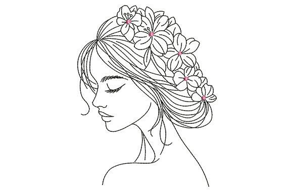 Floral Woman Line Art Embroidery Design